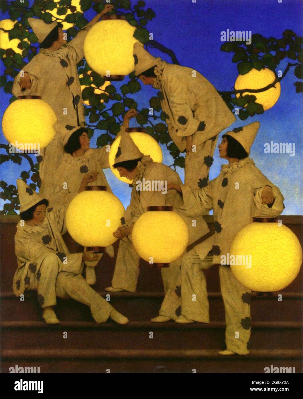 Maxfield Parrish - The Lantern Bearers - wurde für Collier's Magazine erstellt und zeigt Parrish's Verwendung von Glasuren und gesättigten Farben in einer stimmungsvollen Nachtszene. Stockfoto