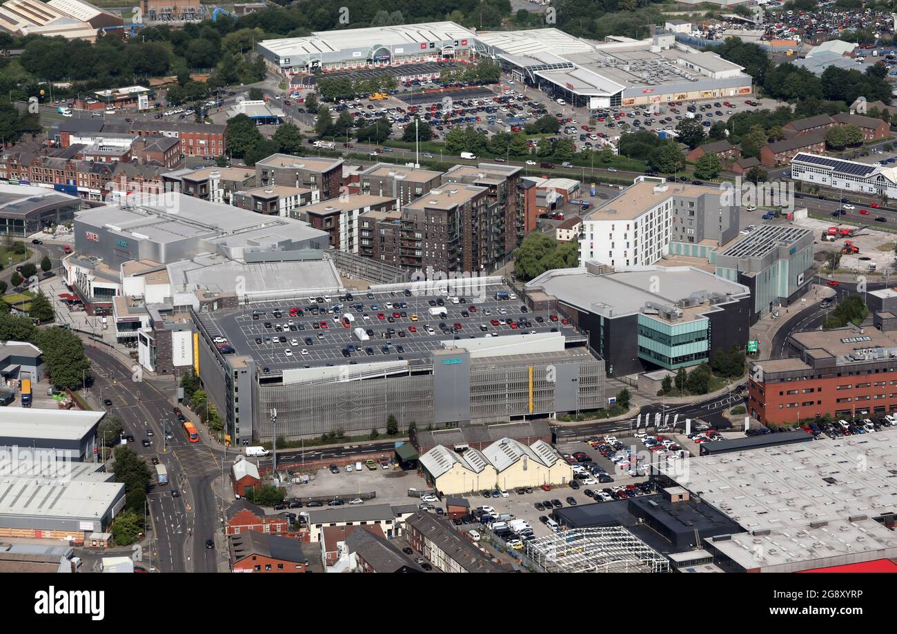 Luftaufnahme des Stadtzentrums von Bury, Greater Manchester Stockfoto