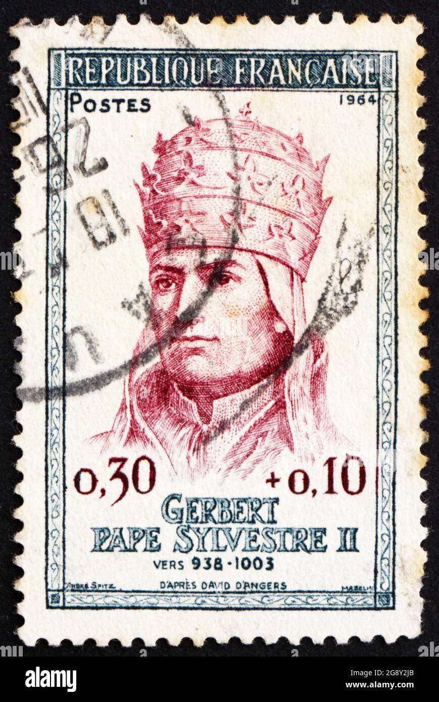 FRANKREICH - UM 1964: Eine in Frankreich gedruckte Briefmarke zeigt Papst Sylvester II., Gerbert, um 1964 Stockfoto