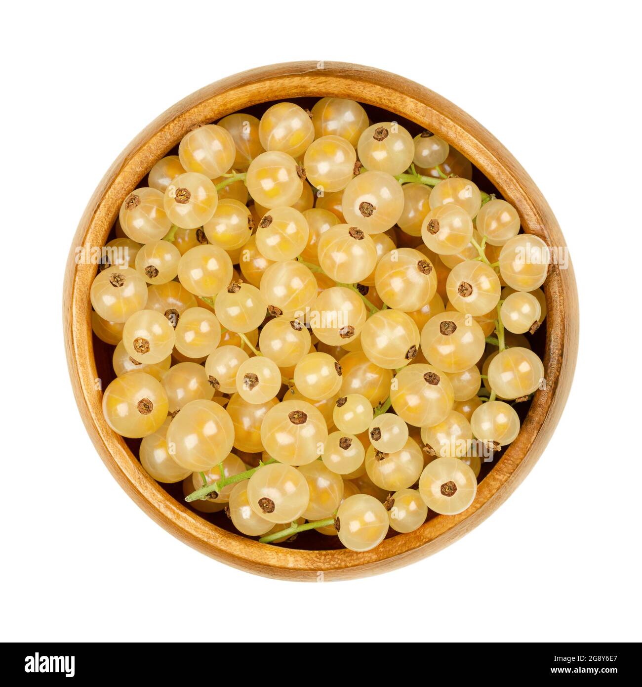 Weiße Johannisbeeren, in einer Holzschale. Frische reife weißrote Beeren, kugelförmige essbare Früchte von Ribes rubrum, einer Sorte roter Johannisbeere. Stockfoto