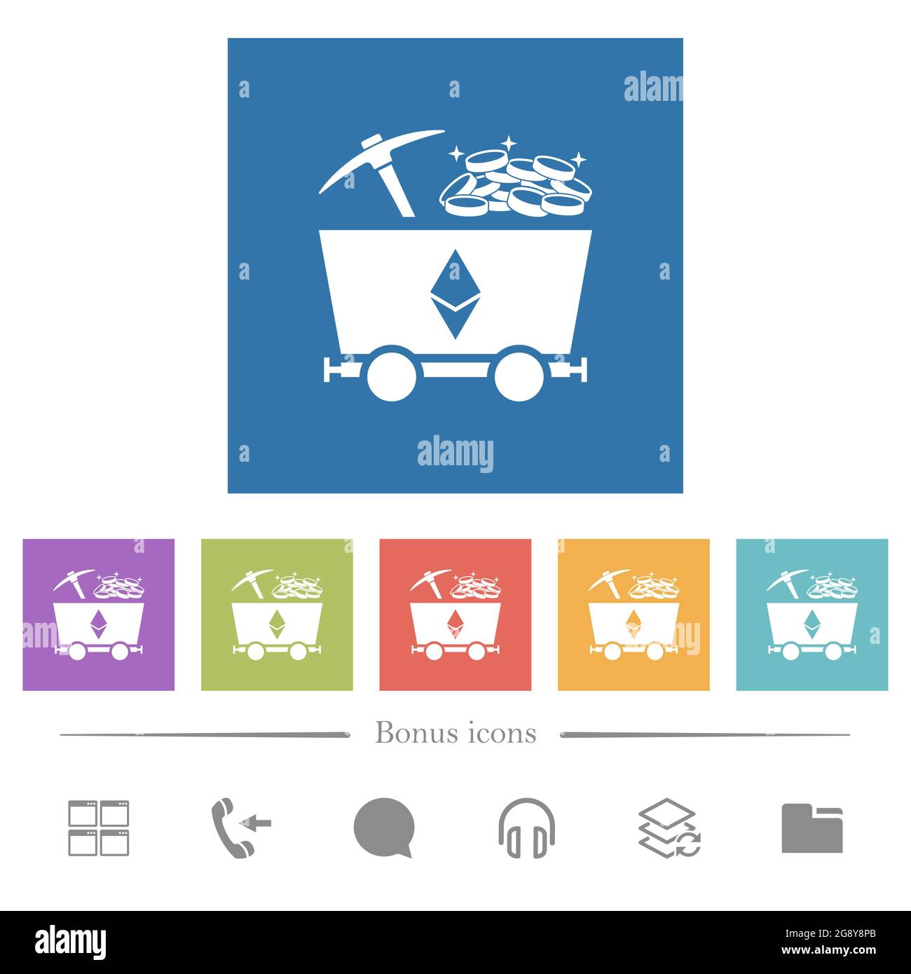 Ethereum Kryptowährung Mining mit flachen weißen Symbolen in quadratischen Hintergründen. 6 Bonus-Symbole enthalten. Stock Vektor