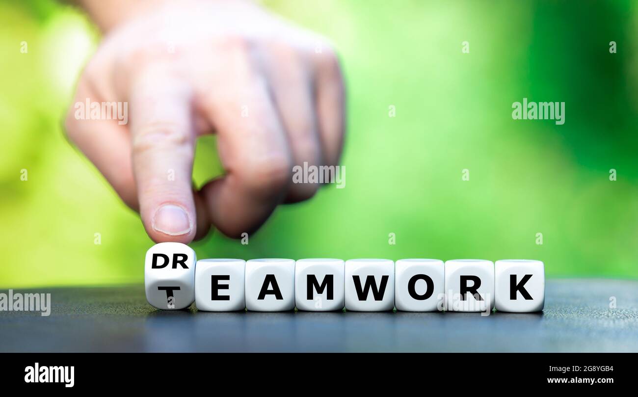 Würfel bilden die Worte Teamwork und Traumarbeit. Stockfoto
