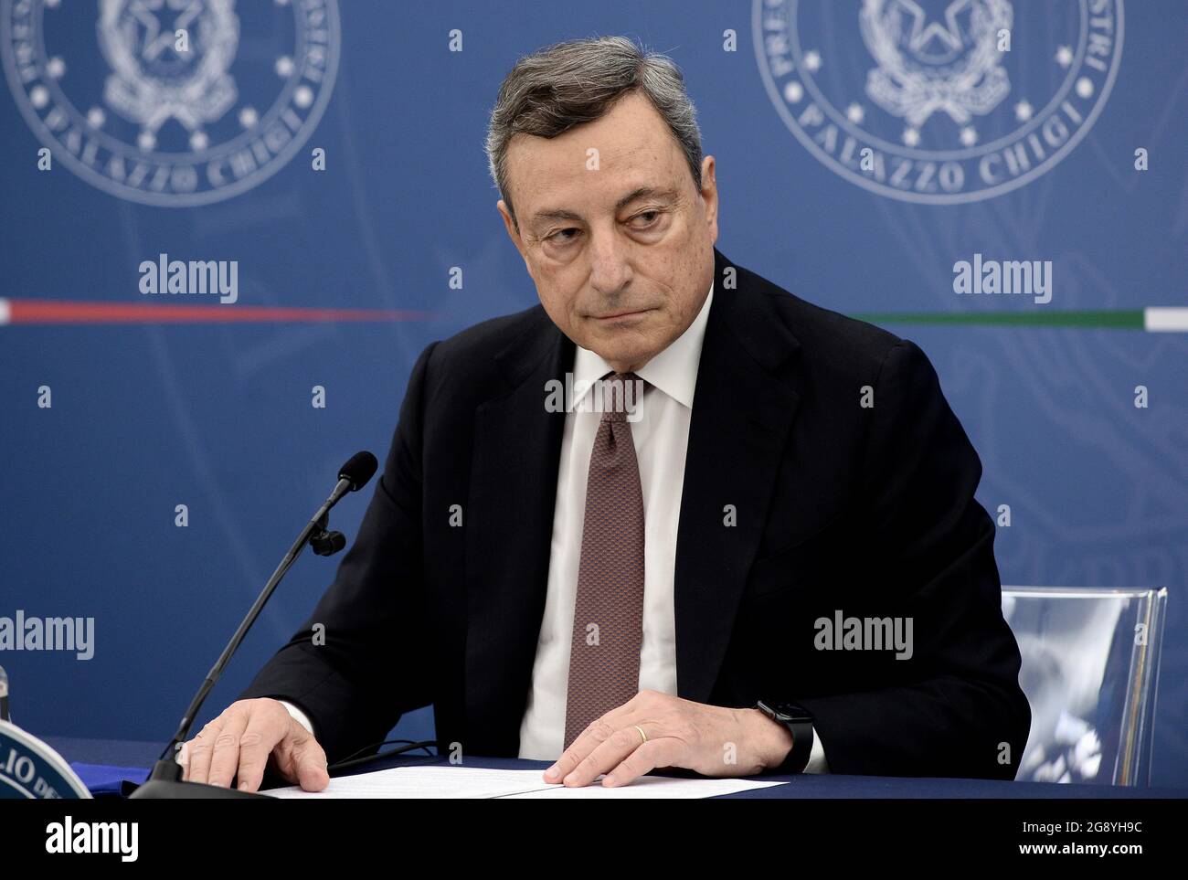 Italien, Rom, 22. Juli 2021: Der italienische Premierminister Mario Draghi bei einer Pressekonferenz nach dem Ministerrat. Foto © Fabio Cimaglia/Sintesi/Alamy Live News Stockfoto