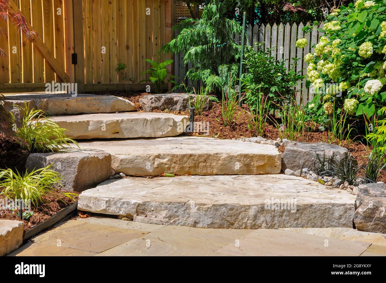 Übergroße Stufen aus Natursteinplatten schaffen eine wunderschöne Landschaft und einen Übergang zu einem versteckten oberen Garten in diesem städtischen Vorgarten. Stockfoto