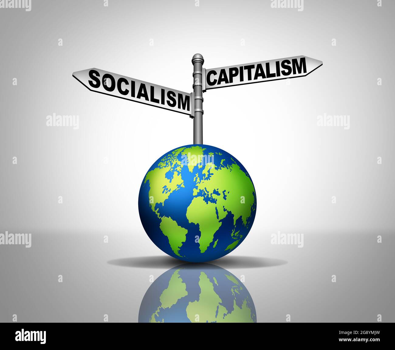 Sozialismus und Kapitalismus stehen als zwei verschiedene ökonomische und politische Systeme als eine Wahl für den globalen Weg der sozialen Ideologie und der Gesellschaft. Stockfoto