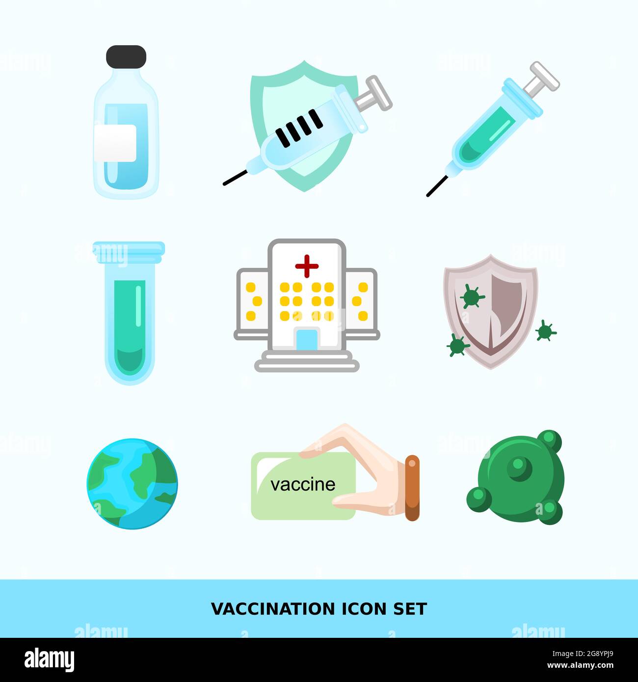 Impfstoffvektor-Icon Set mit flachem Design, geeignet für die Verwendung als Website-Elemente, Banner und andere, präsentiert EPS Symbole, die auch auf Basis von gruppiert sind Stock Vektor