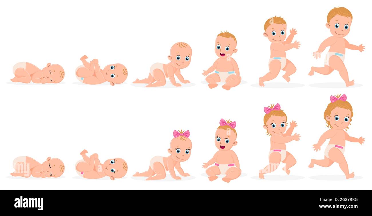 Chronik für das erste Jahr. Baby Junge und Mädchen ersten Jahr Entwicklung von Neugeborenen zu Kleinkindern Vektor-Illustration. Cute Baby Monat Stadien Entwicklung Stock Vektor