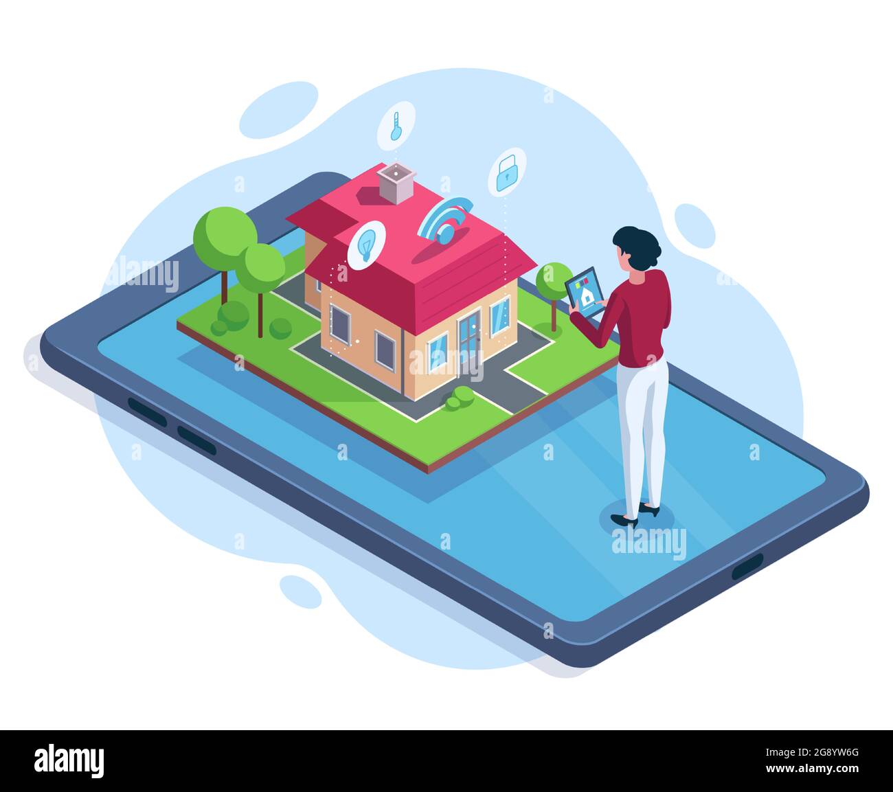 Isometrisches Konzept für Smart House-Sicherheit am Arbeitsplatz. Smart House gesteuert über Gadget App Vektor Illustration. Intelligentes Sicherheitssystem für das Haus Stock Vektor
