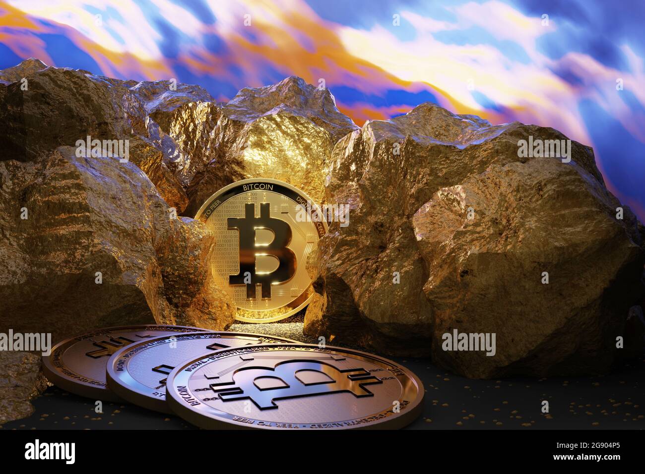 Glänzende Bitcoins inmitten von Goldnuggets Stockfoto
