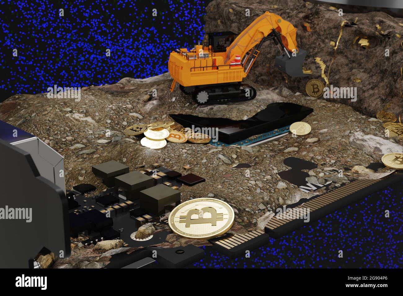 Goldene Bitcoins mit Spielzeug Earth Mover Stockfoto