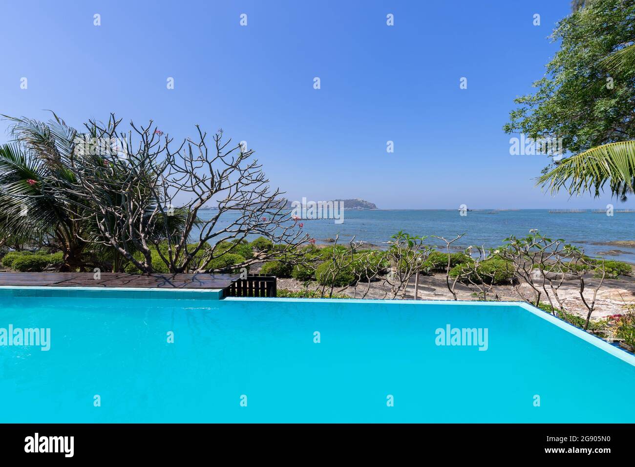 Swimmingpool mit blauem Wasser und tropischem Garten mit Meerblick im Hintergrund Stockfoto