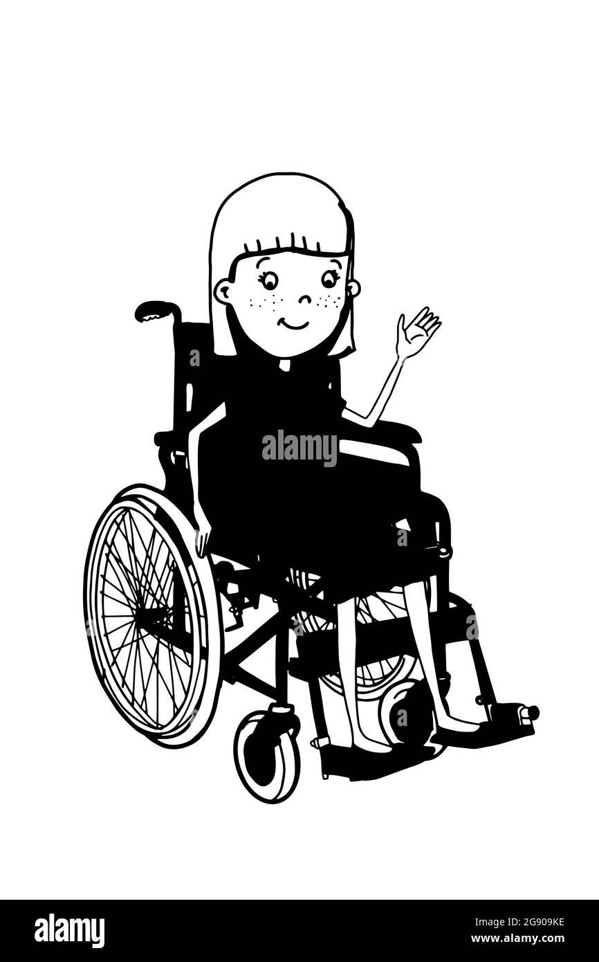 Rollstuhl Illustration Zeichnung und auf sitzen niedlichen Comic-Figuren  Mädchen und schwarzen Farben Stockfotografie - Alamy