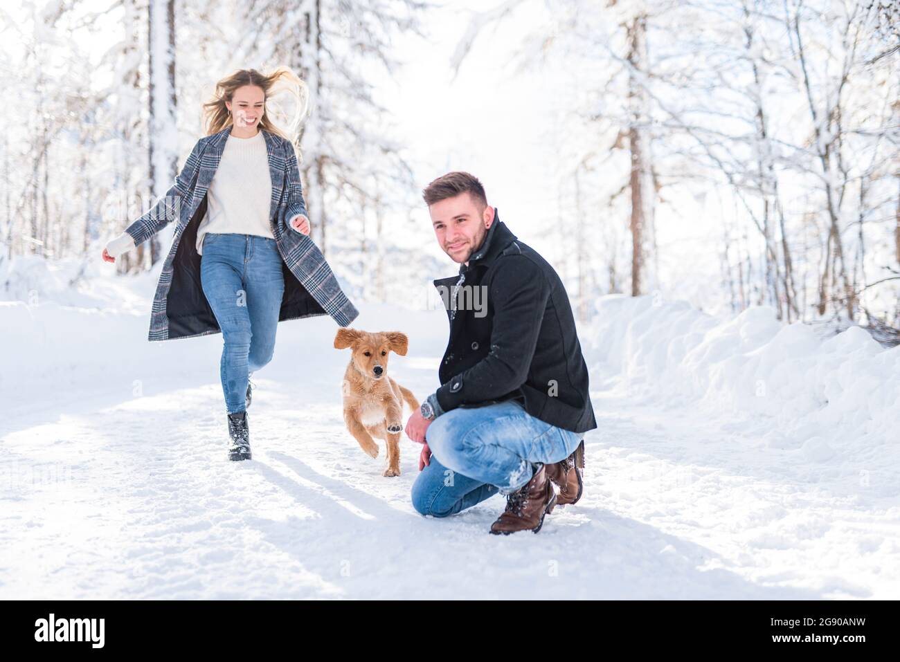 Mann hockend auf Schnee, während Freundin mit Hund im Schnee während des Urlaubs läuft Stockfoto