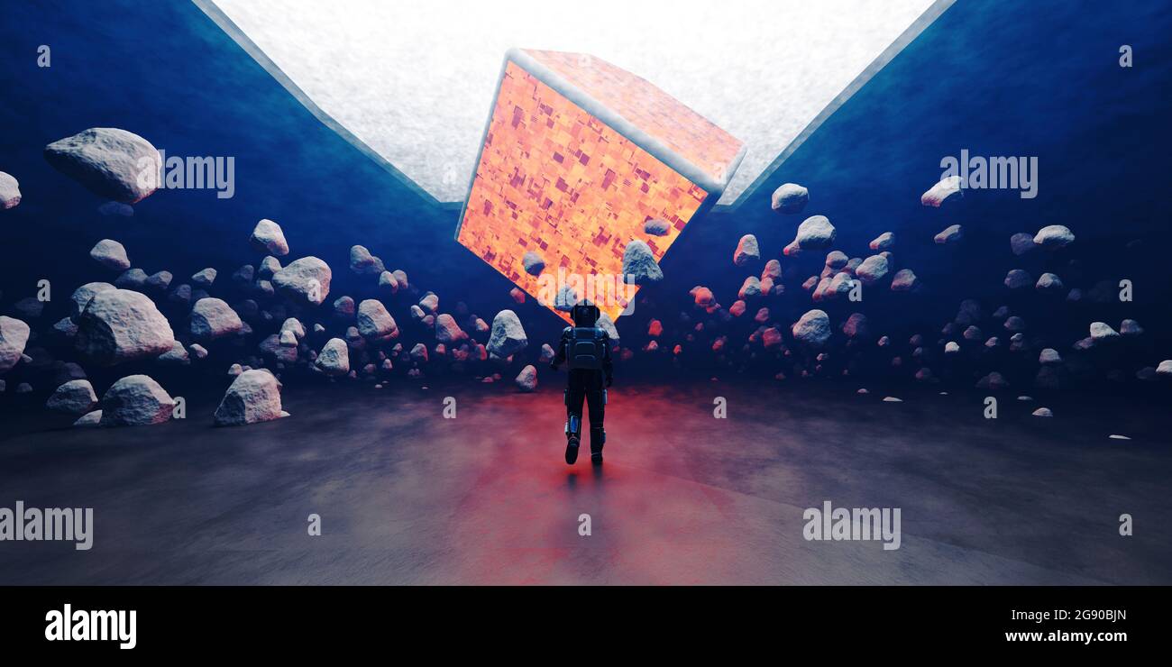 Dreidimensionale Darstellung des Astronauten, der auf einen großen, geheimnisvollen schwimmenden Würfel zugeht Stockfoto