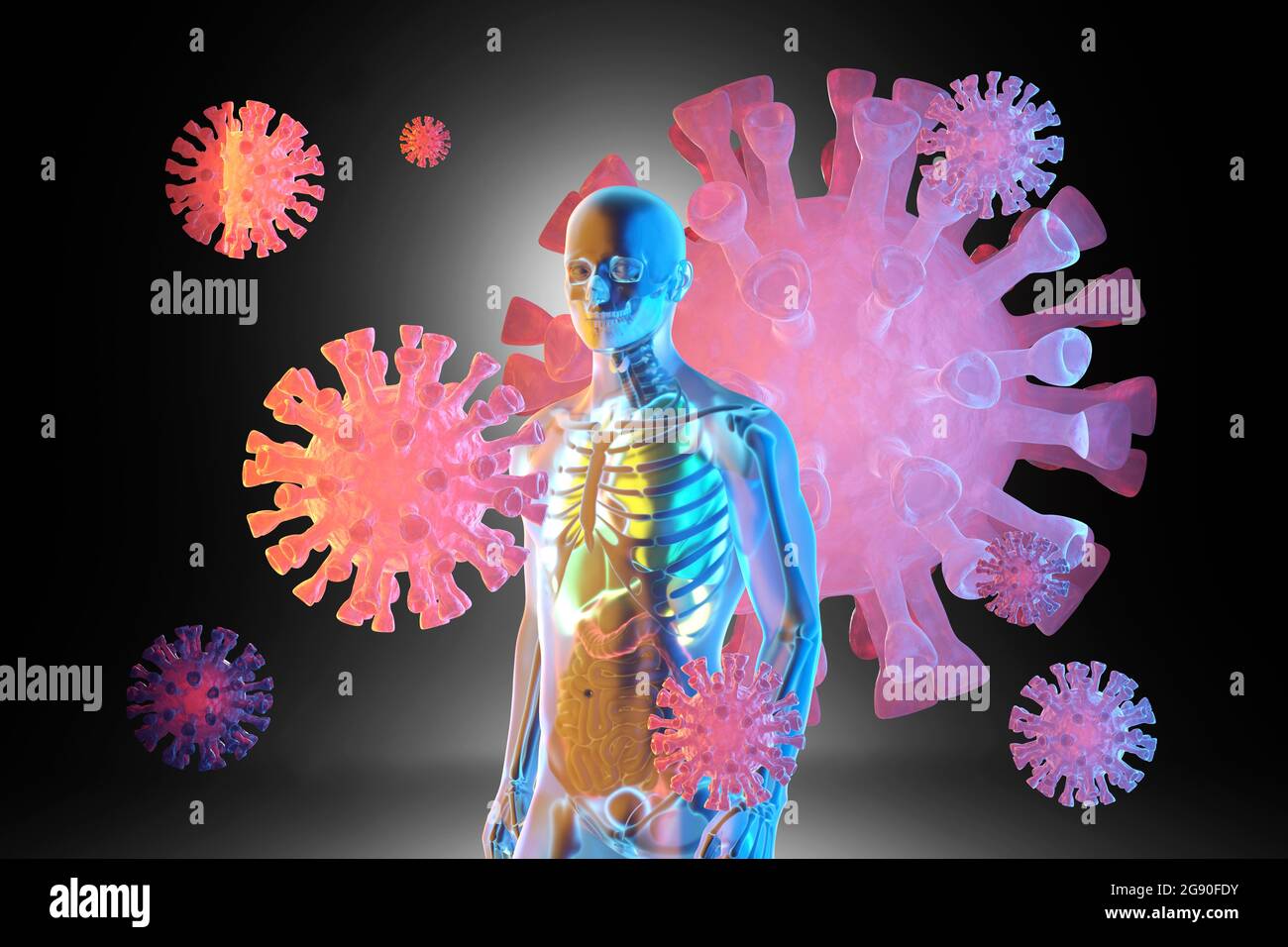 Dreidimensionale Darstellung riesiger Viruszellen, die um das anatomische Modell des Menschen mit transparenter Haut schweben Stockfoto