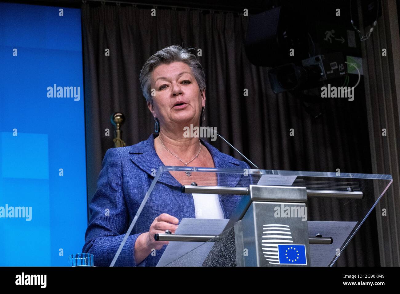 Ylva Johansson, EU-Kommissarin für Inneres, bei der informellen Videokonferenz der Außen- und Innenminister auf der Tagung des Europäischen Rates über die externen Aspekte der Migrationspolitik der EU im Rahmen des neuen Pakts für Migration und Asyl. Brüssel, Belgien. Stockfoto