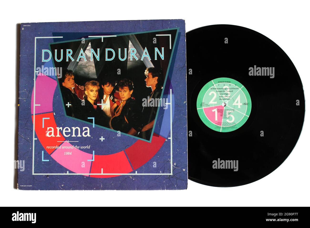 Englische New Wave Rock Band, Duran Duran Musikalbum auf Vinyl LP Disc. Titel: Arena Album Cover Stockfoto