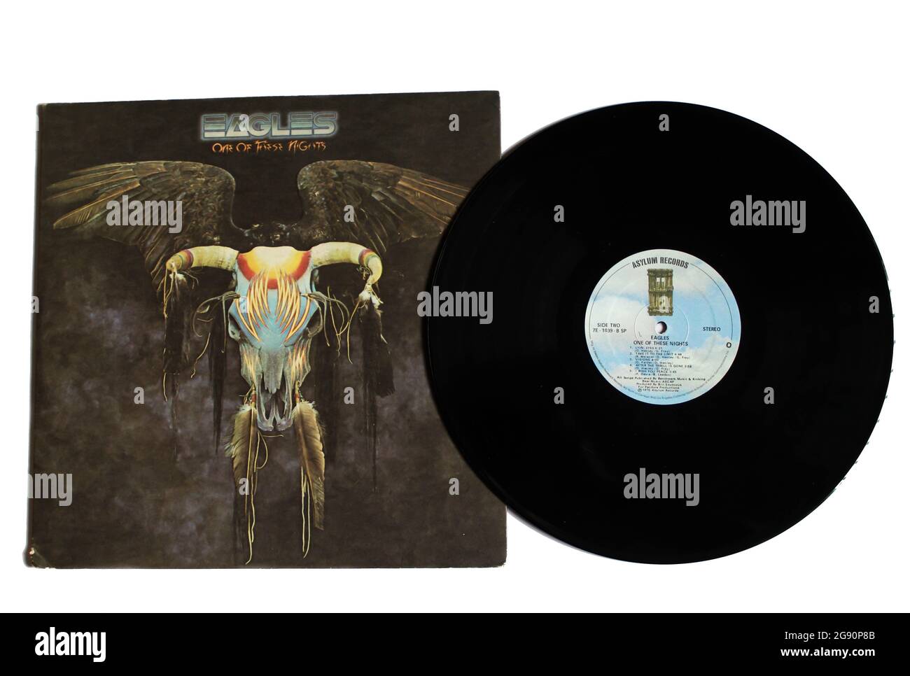Rockband, das Eagles-Musikalbum auf Vinyl-Schallplatte. Titel: Eines dieser Nächte Albumcover Stockfoto