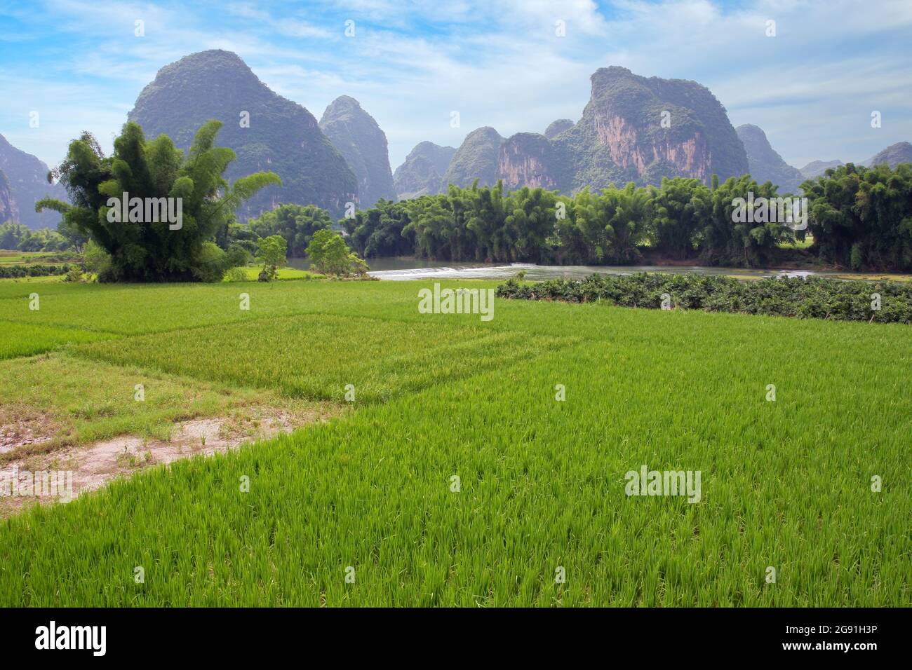 Malerische Landschaft mit Reisfeldern, fließenden Flüssen und Kalksteinhügeln in der Nähe von Yangshuo, China Stockfoto
