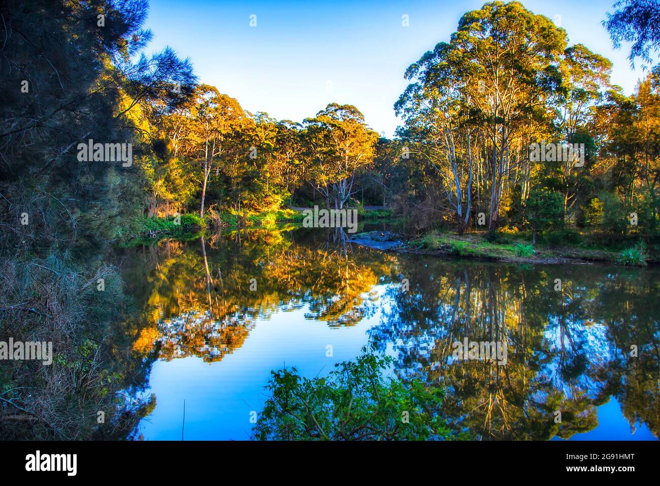 Gewässer des Lane Cove Flusses im Lane Cove Nationalpark von Sydney, Australien. Malerische, reflektierende Naturlandschaft. Stockfoto