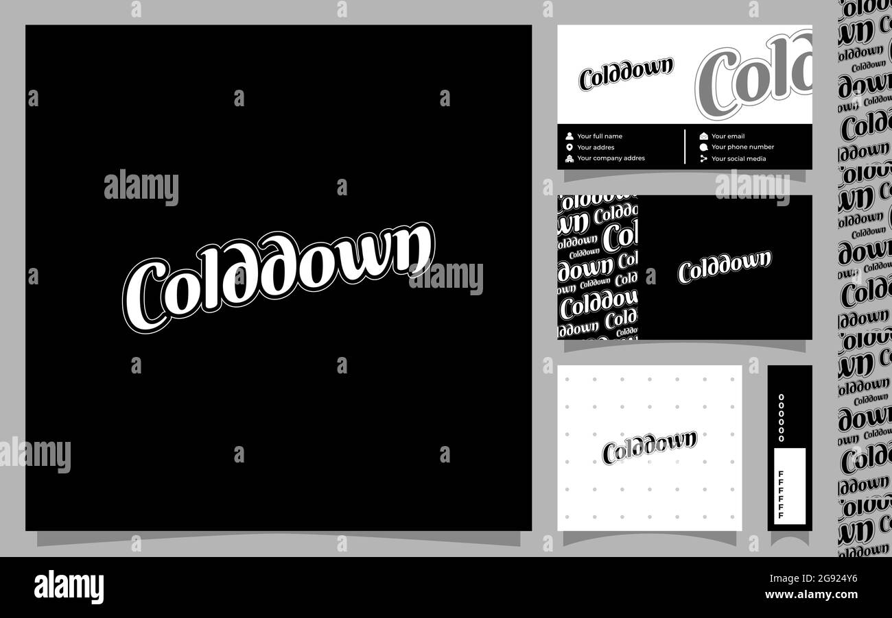 Colddown, minimalistisches Konzept Logotypvorlage mit Visitenkarte und nahtlosen Musterelementen auf weißem Hintergrund isoliert Stock Vektor