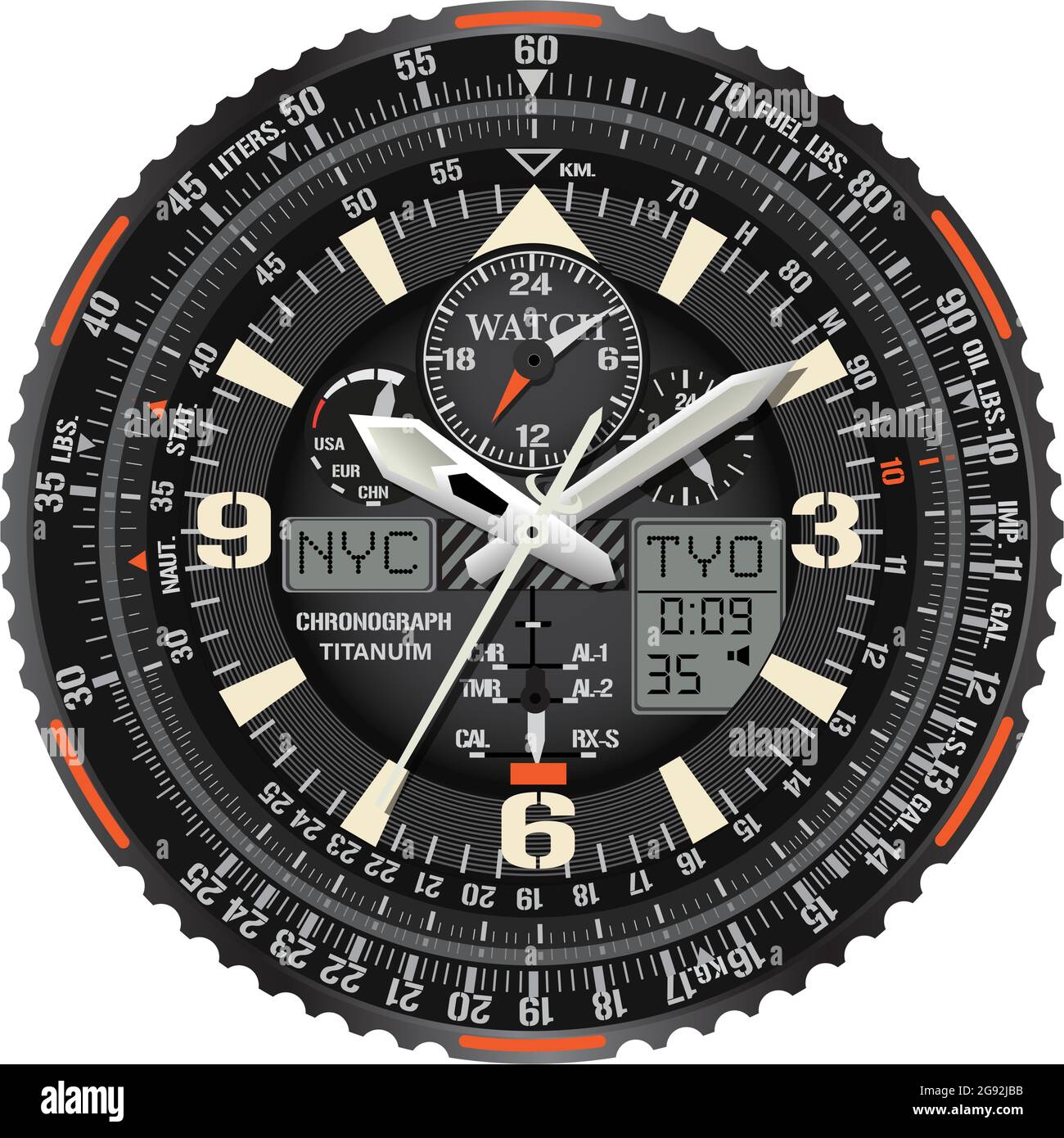 Realistischer Vektor der Uhr Chronograph Gesicht schwarz metallic weiß orange Textnummer digital für Männer Luxus auf weißem Hintergrund Illustration. Stock Vektor