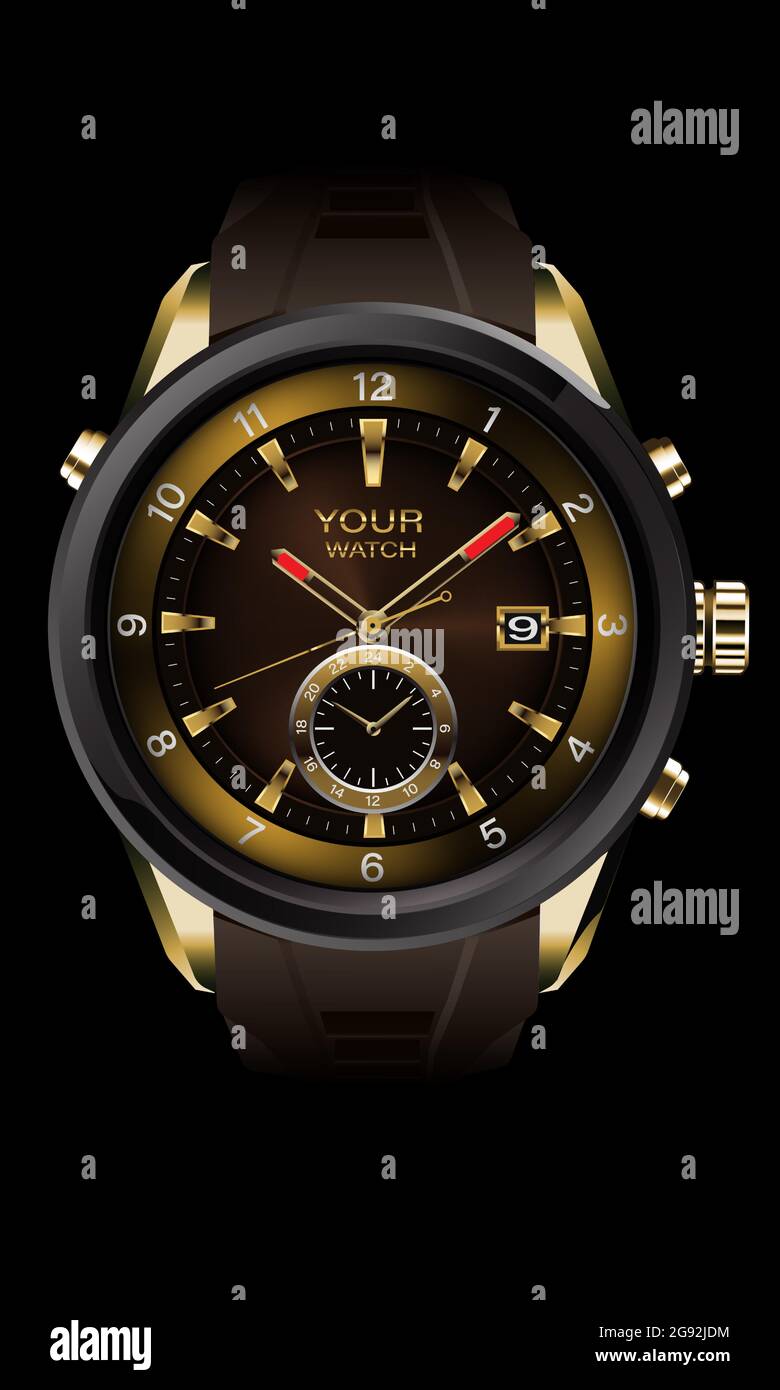 Realistischer Vektor der Uhr Chronograph grau Stahl Gold Armaturenbrett Gesicht weiß Zahl Text Design Luxus Eleganz für Männer auf schwarzem Hintergrund. Stock Vektor