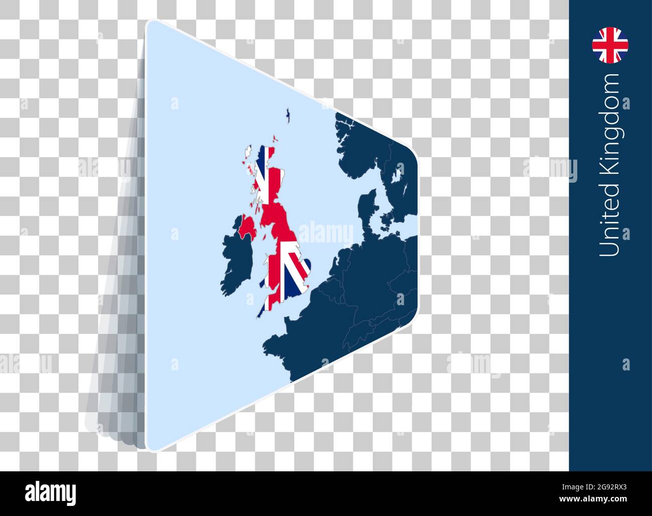 Karte und Flagge des Vereinigten Königreichs auf transparentem Hintergrund. Großbritannien auf blauer Vektorkarte hervorgehoben. Stock Vektor