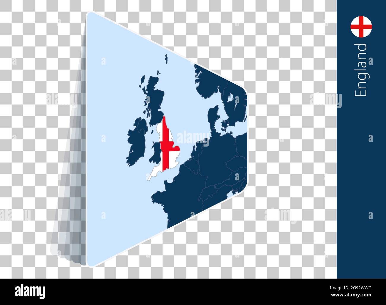 England Karte und Flagge auf transparentem Hintergrund. England auf blauer Vektorkarte hervorgehoben. Stock Vektor