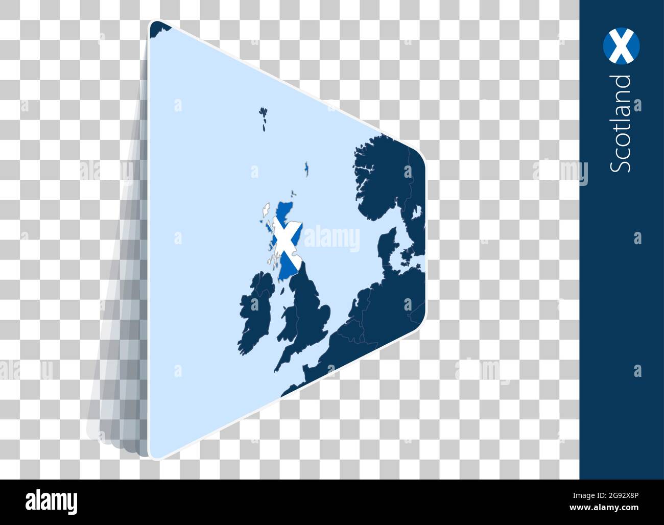 Schottland Karte und Flagge auf transparentem Hintergrund. Schottland auf blauer Vektorkarte hervorgehoben. Stock Vektor