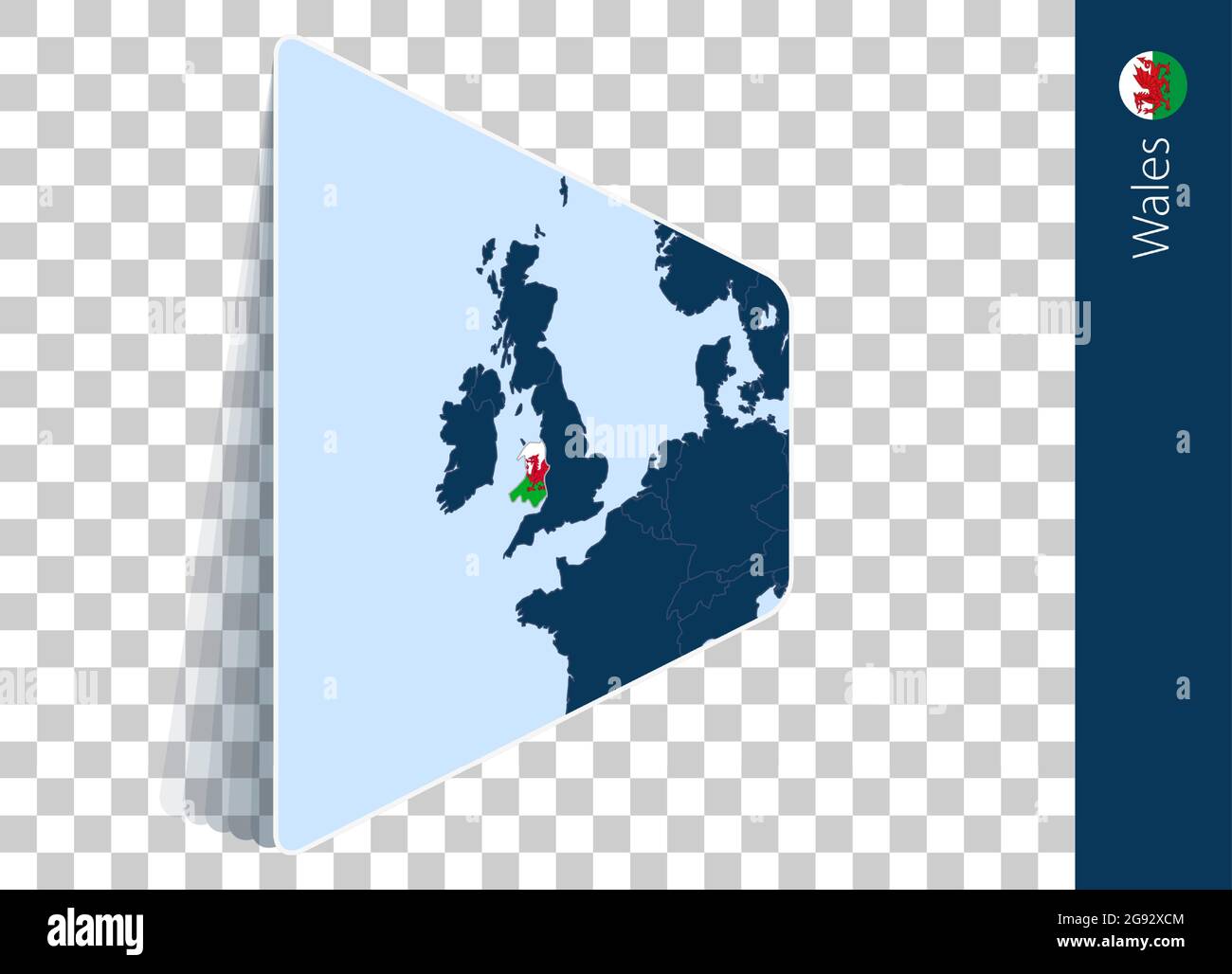 Karte und Flagge von Wales auf transparentem Hintergrund. Hervorgehobenes Wales auf blauer Vektorkarte. Stock Vektor