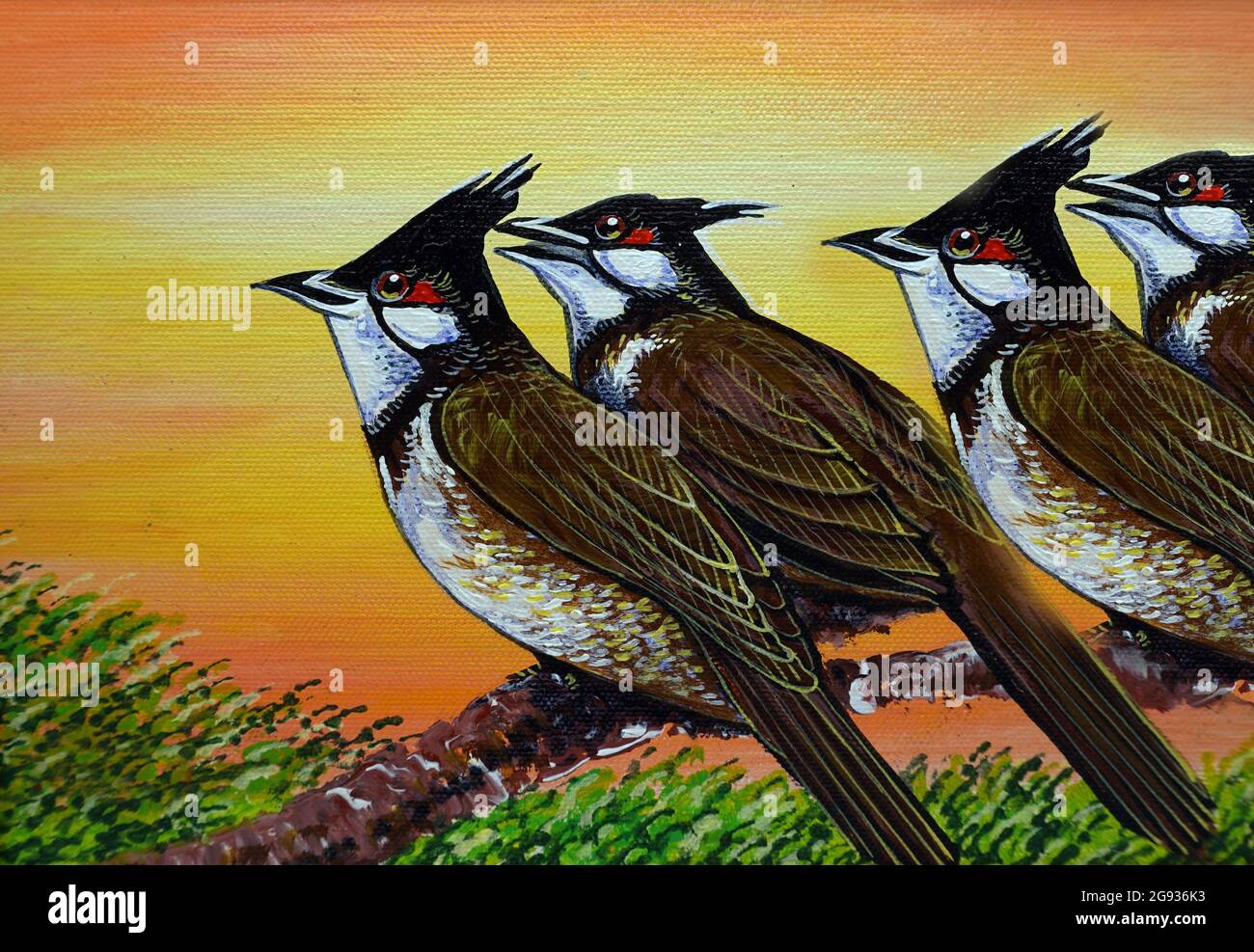Zeitgenössische Kunst Malerei Ölfarbe Vögel Landschaft Hintergrund , rot-Whiskered bulbul Stockfoto