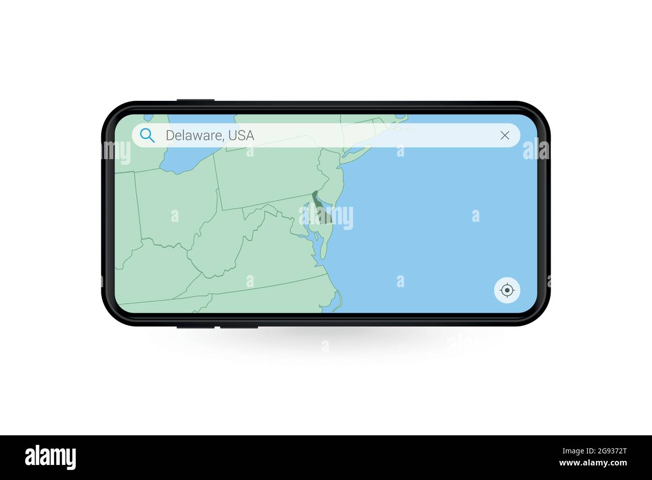 Suche Karte von Delaware in Smartphone-Karte-Anwendung. Karte von Delaware in Handy. Vektorgrafik. Stock Vektor