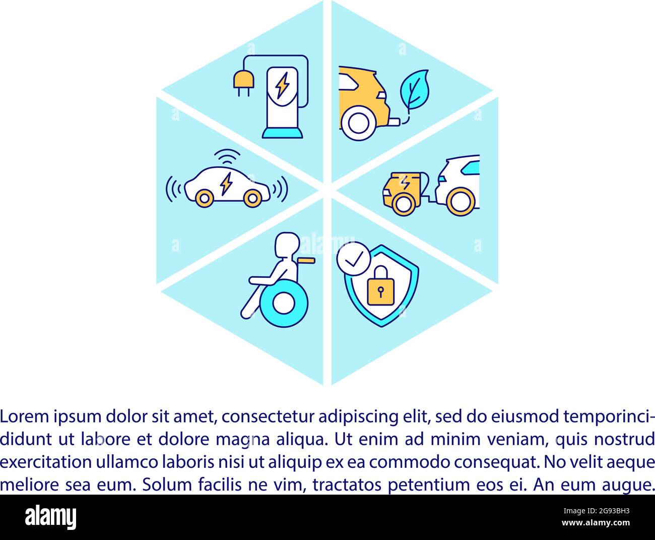 Vorteile von Elektrofahrzeugen – Symbole der Konzeptlinie mit Text ...