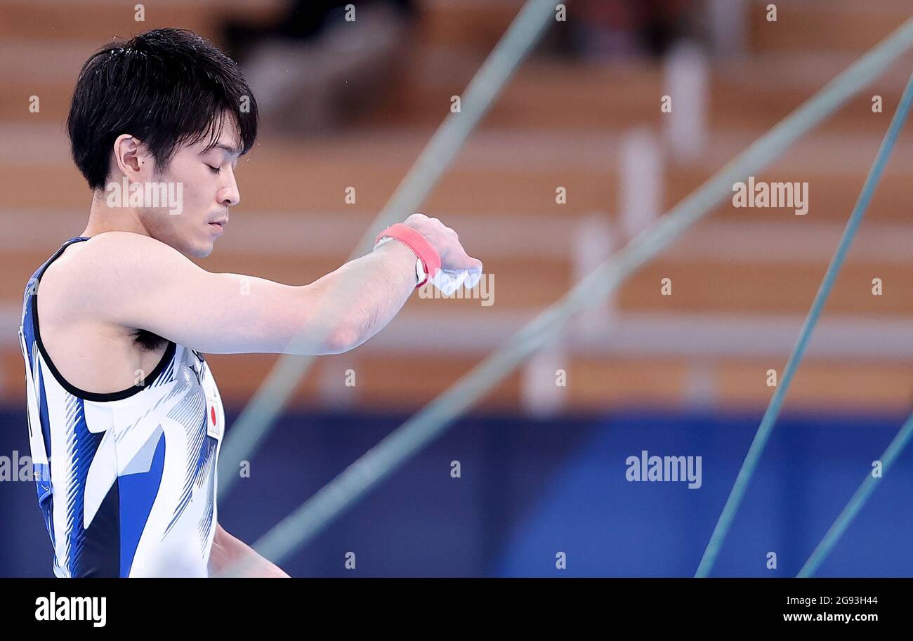 Tokio, Japan. Juli 2021. Uchimura Kohei aus Japan reagiert vor der Qualifikation der Männer im Kunstturnen in Tokio, Japan, 24. Juli 2021. Quelle: Cao Can/Xinhua/Alamy Live News Stockfoto