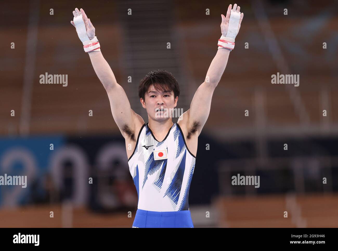 Tokio, Japan. Juli 2021. Uchimura Kohei aus Japan reagiert nach der Qualifikation der Männer im Kunstturnen in Tokio, Japan, 24. Juli 2021. Quelle: Cao Can/Xinhua/Alamy Live News Stockfoto