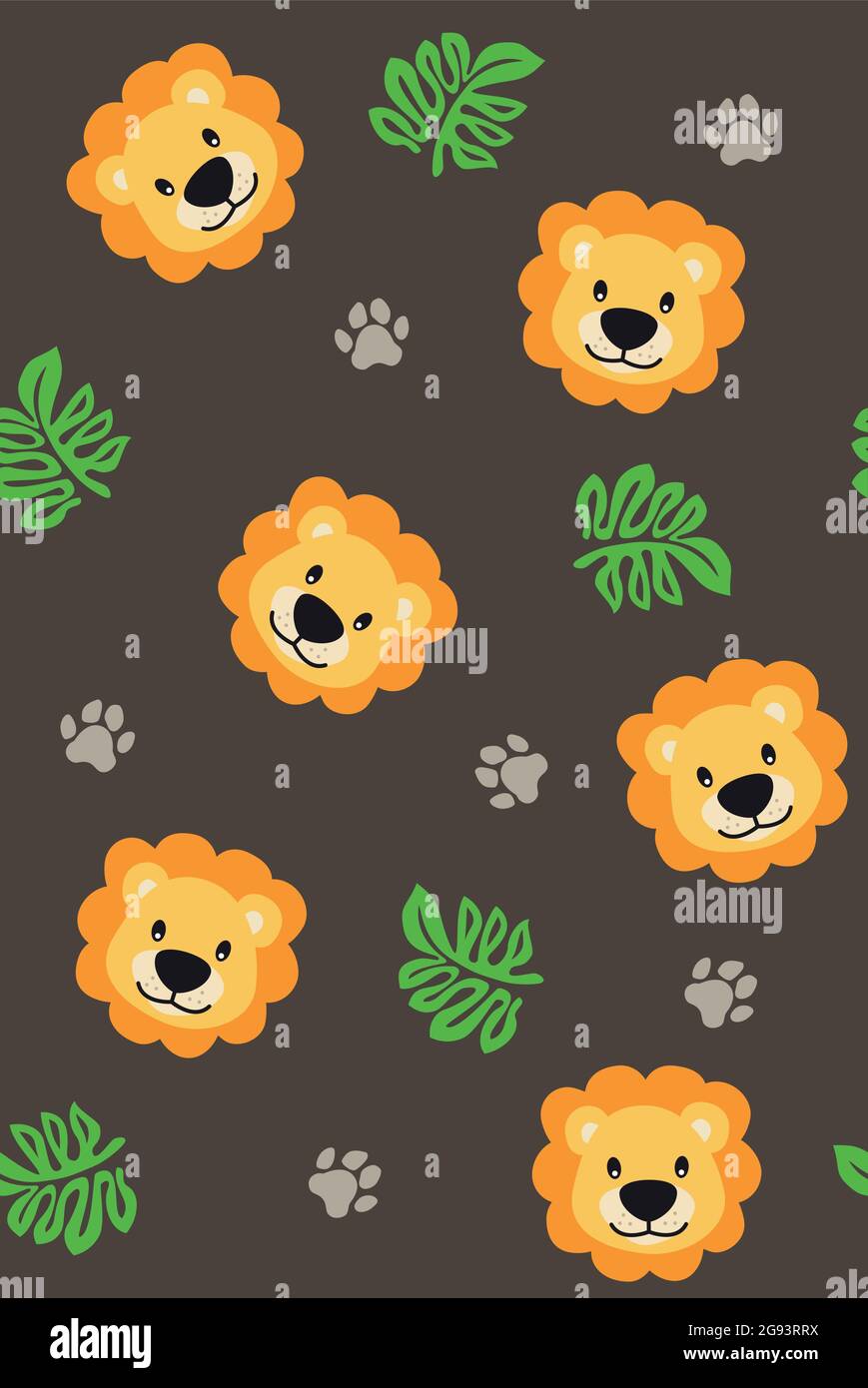 Nahtloses Muster für Kinder mit Löwe, Blatt und Fußspuren auf dunklem Hintergrund Stock Vektor