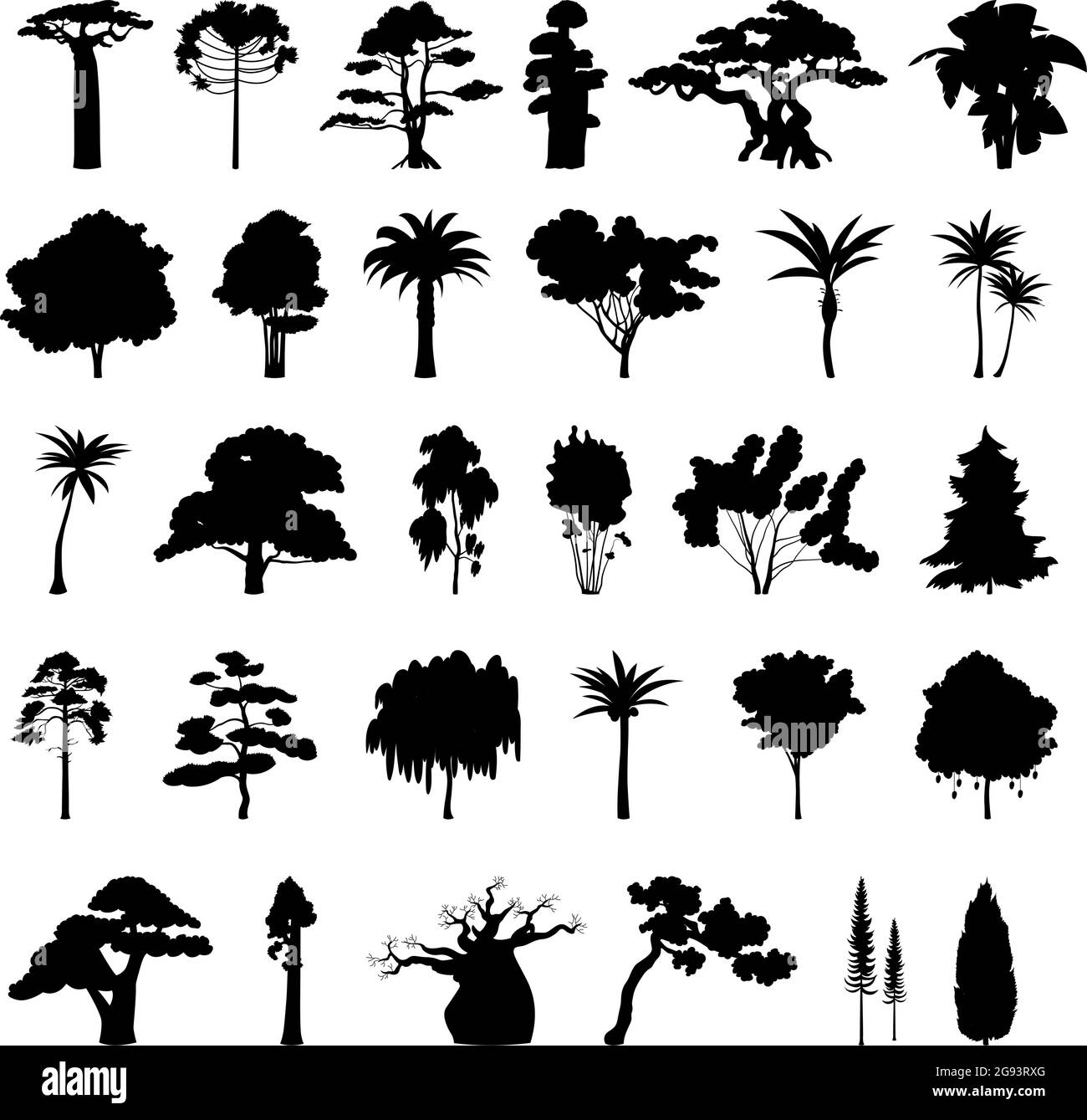 Seth schwarze Silhouetten von Bäumen aus verschiedenen Klimazonen auf weißem Hintergrund - Vektorgrafik Stock Vektor