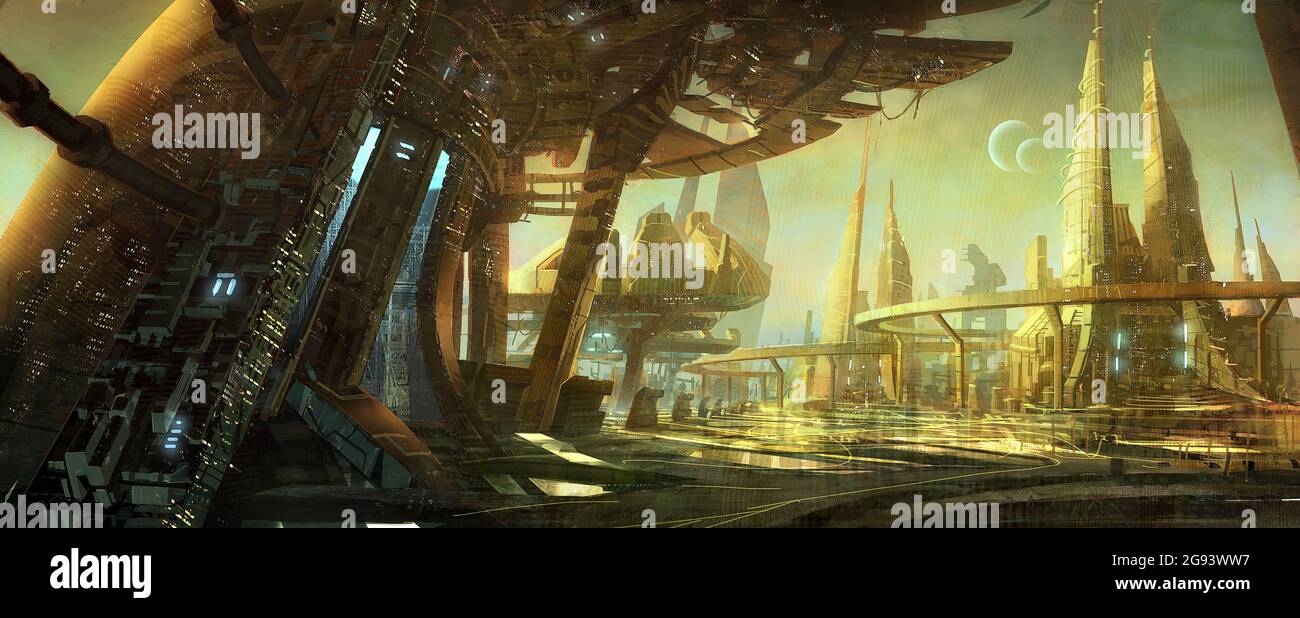 Digitale Illustration eines futuristischen Science-Fiction-Stadtgebäudes mit abstrakter Struktur und Umgebungslandschaft Stockfoto