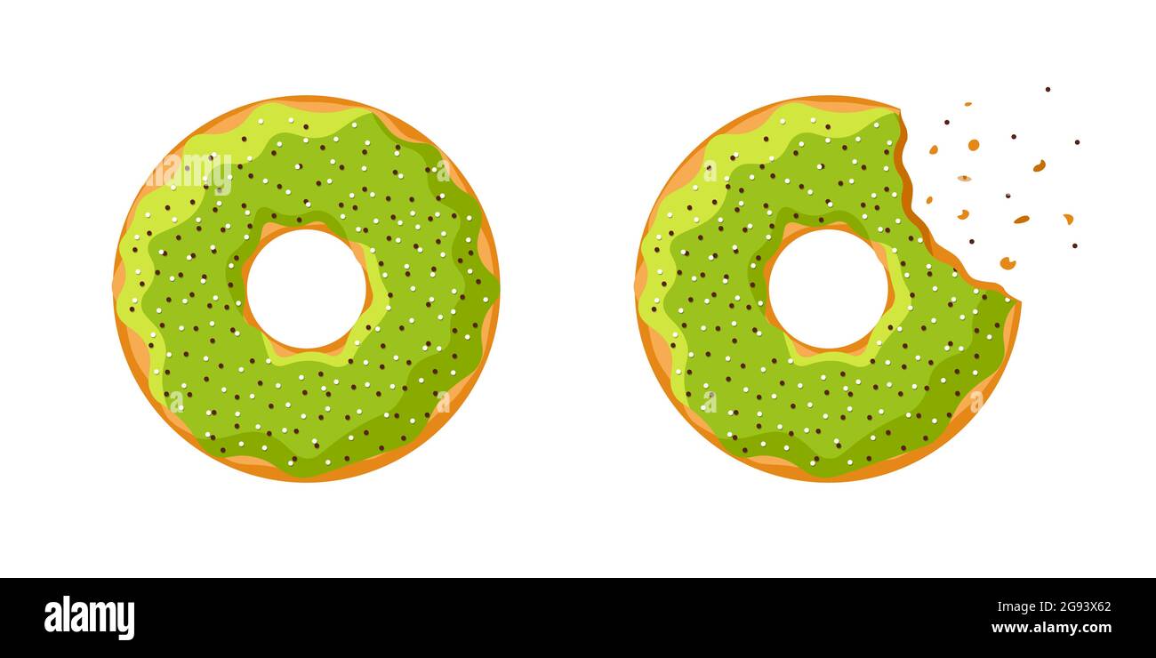 Cartoon bunte lecker Donut ganze und gebissen gesetzt isoliert auf weißem Hintergrund. Grün glasierte Donut Draufsicht für Kuchen Café Dekoration oder Bäckerei Menü Design. Vektorgrafik flach eps-Abbildung Stock Vektor