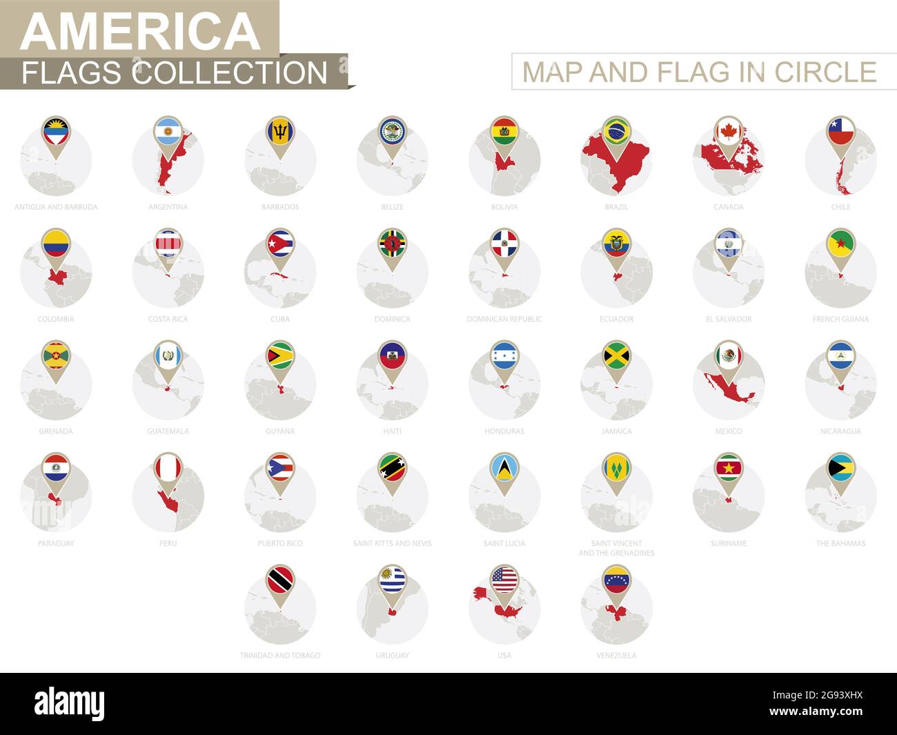 Karte und Flagge in Circle, America Countries Collection. Alphabetisch sortierte Flaggen und Karten. Vektorgrafik. Stock Vektor