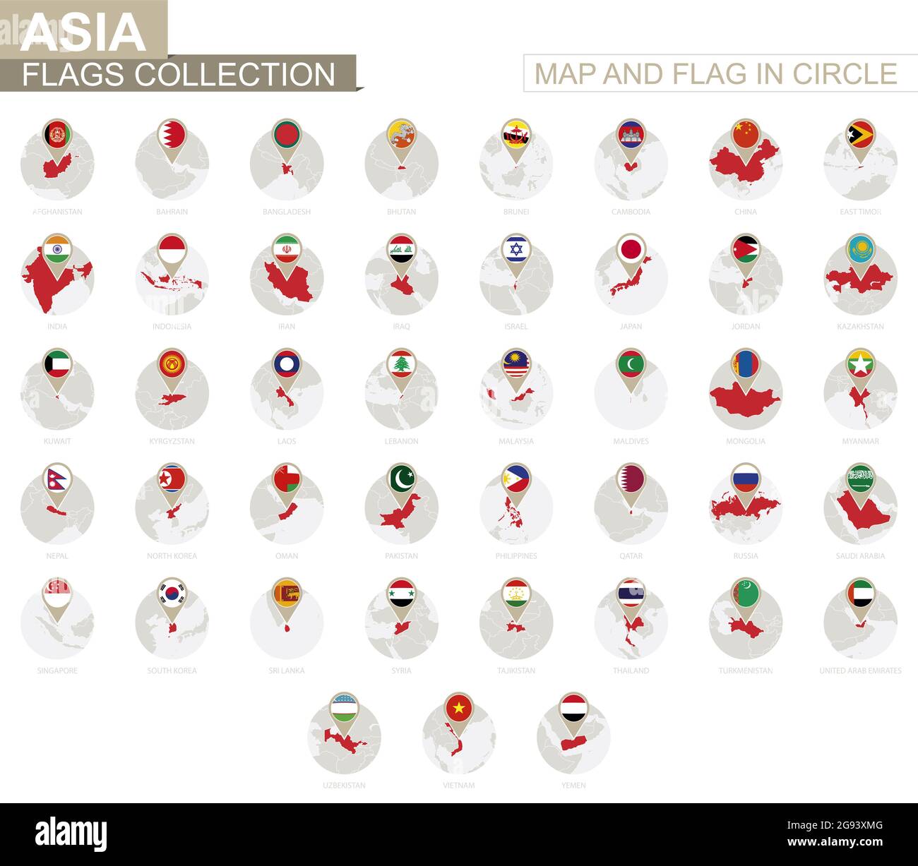 Karte und Flagge in Circle, Sammlung Asien. Alphabetisch sortierte Flaggen und Karten. Vektorgrafik. Stock Vektor