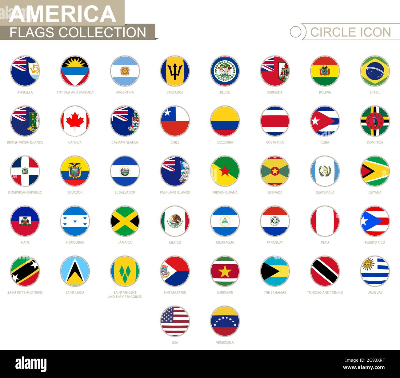 Alphabetisch sortierte Kreisflaggen von Amerika. Satz von runden Flaggen. Vektorgrafik. Stock Vektor
