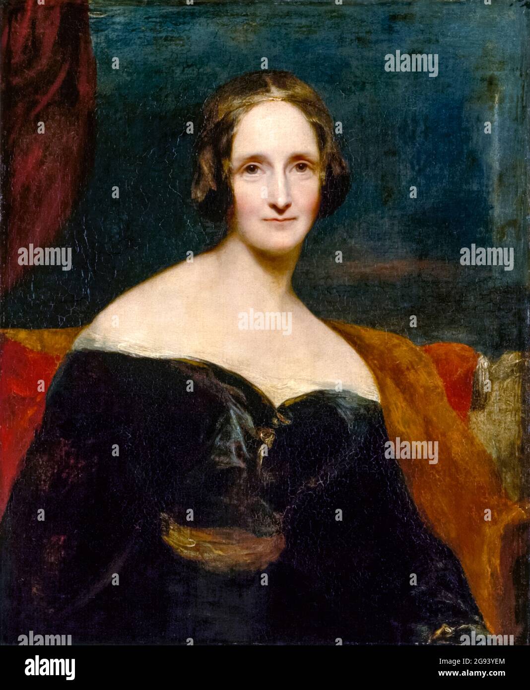 Mary Shelley (1797-1851), Autorin, die sich am besten für ihren meistverkauften gotischen Roman ‘Frankenstein, oder den modernen Prometheus’, der 1818 erstmals über einen jungen Wissenschaftler veröffentlicht wurde, der ein Geschöpf aus Teilen von toten menschlichen Körpern zum Leben erweckt. Foto eines Ölgemäldes des irischen Künstlers Richard Rothwell (1800-1868) aus dem Jahr 1840. 1840 Stockfoto