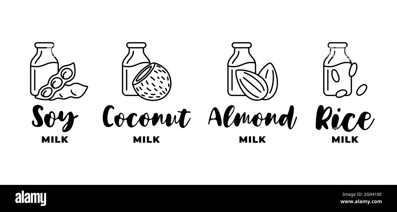 Logo-Set aus Soja, Mandel, Kokosnuss und Reismilch. Lineare Design-Badge-Elemente für vegetarische laktosefreie Getränkeverpackungen. Gesunde vegane Getränke handgezeichnete Logotyp Sammlung Vektor-Illustration Stock Vektor