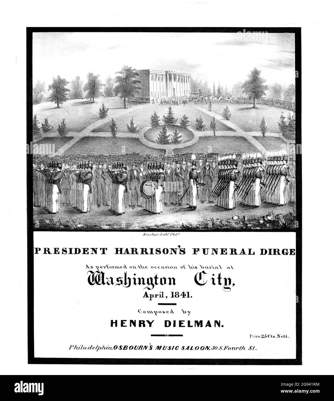 Präsident [William Henry] Harrisons Beerdigungsdirge, 1841; lithographierte Notenblätter von Armeetruppen bei der beerdigungsmarsch im Weißen Haus. Stockfoto