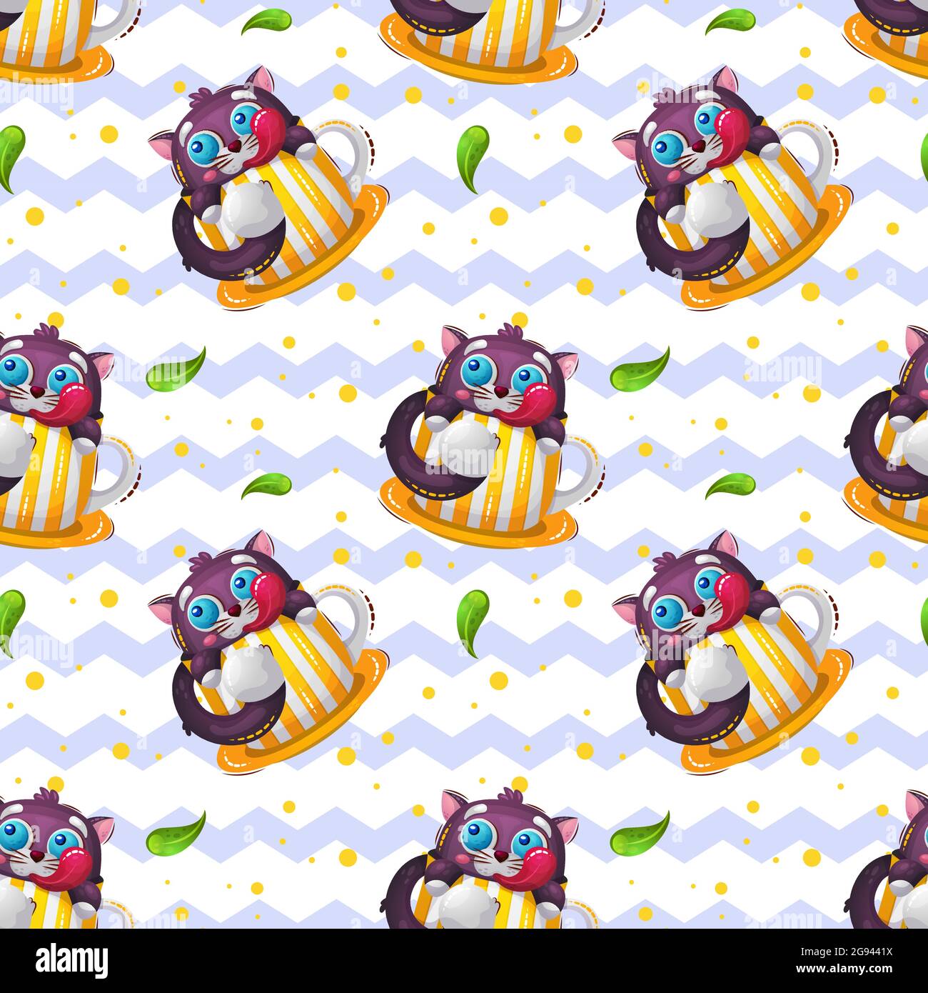 Vektor nahtlose Muster mit süßen lustigen Tierkatze in der Tasse Cartoon-Stil. Kinderdruck für Tapeten. Verpackung oder Textil. Stock Vektor