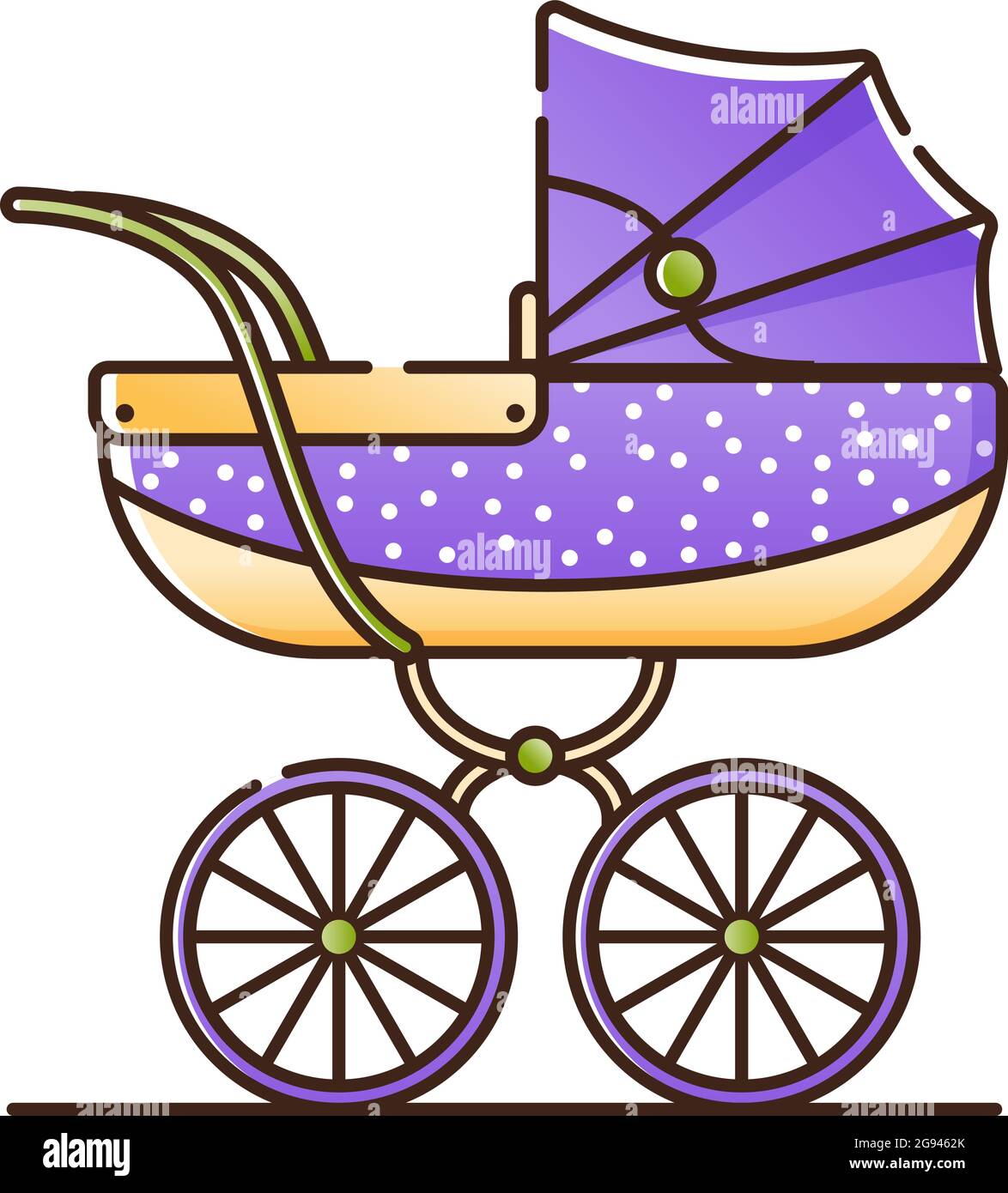 Baby lila Kinderwagen mit weißen Tupfen. Vektor isoliertes Objekt auf weißem Hintergrund. Geburt eines kleinen Jungen oder Mädchens Stock Vektor