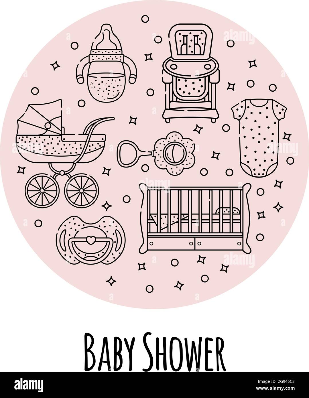 Vektor-Set von Baby-Accessoires für das Neugeborene. Kinderbett, Stuhl, Kinderwagen, Flasche, Spielzeug und Kleidung in einem linearen Stil. Isolierte Objekte auf einem weißen Hintergrund Stock Vektor