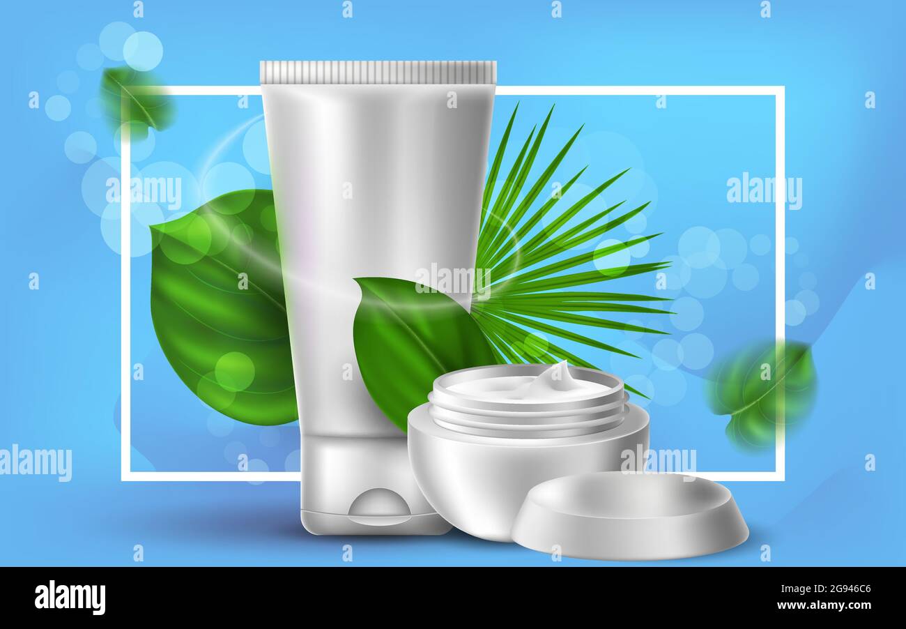 Vektor realistische kosmetische Illustration mit Tube Creme und einem Glas. Tropische Palmenblätter auf blauem Hintergrund. Banner für Werbung und Promotion o Stock Vektor